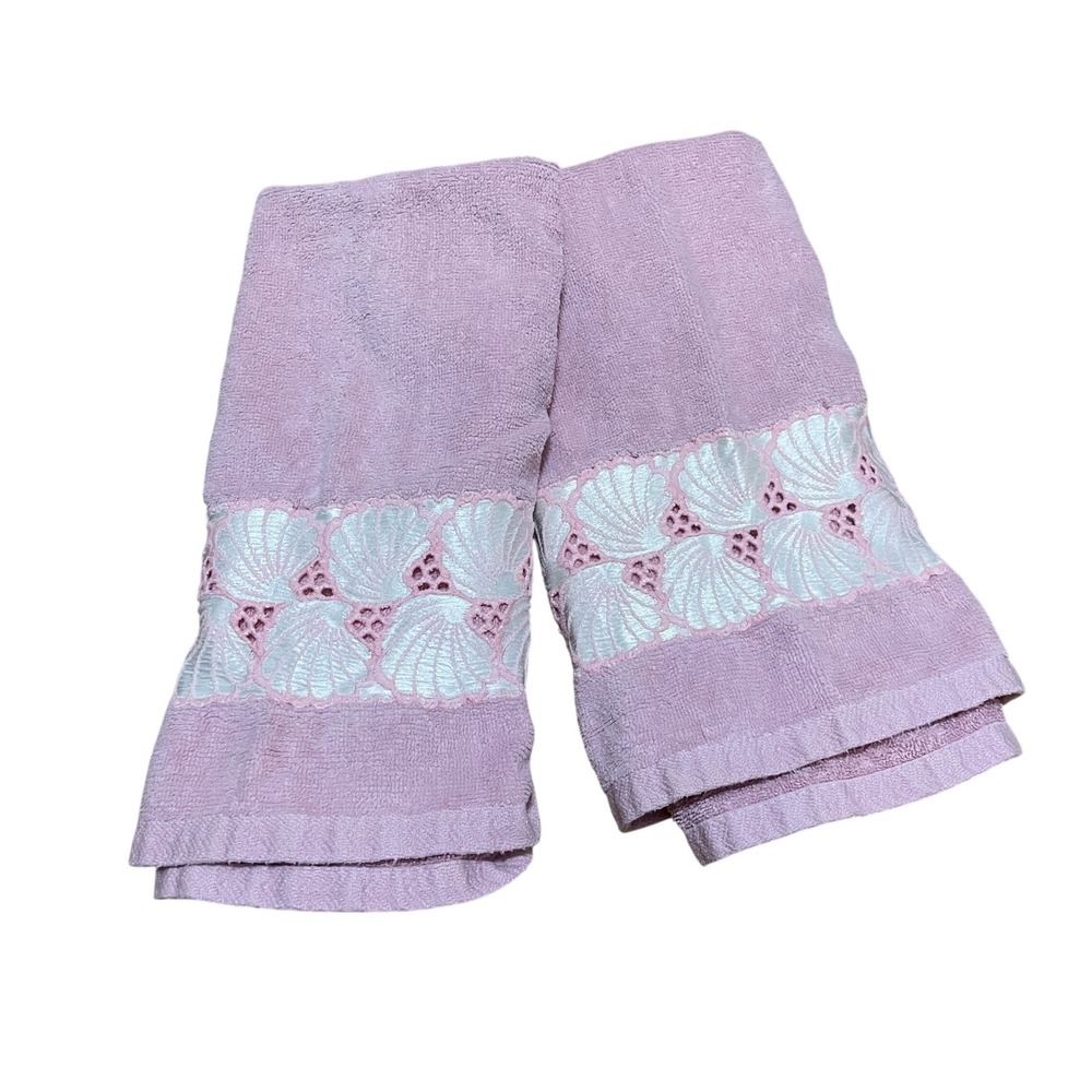 VTG After Bath Luxury Pink Seashell Coastal Hand Towels Set of 2 Embroidered USA